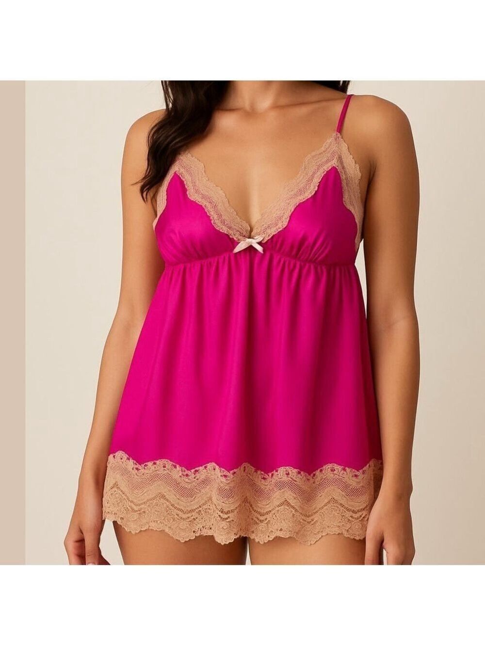 VICTORIA’S SECRET satin babydoll style camisole tank top lace trimmed hot pink M